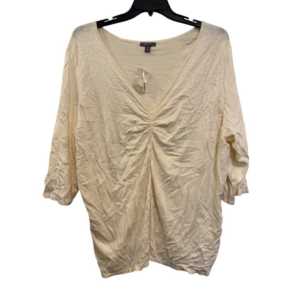 Apt. 9 Woman 3X Cream Top V-Neck Beaded Detail 3/4 Sleeve Career Rayon Blend